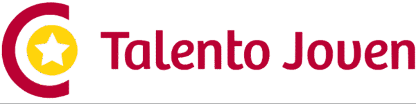 "Logotipo de Talento Joven, con una estrella blanca sobre un círculo amarillo y una 'C' roja a la izquierda del texto en color burdeos."